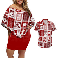 Hawaii Christmas Retro Patchwork Couples Matching Off Shoulder Short Dress and Hawaiian Shirt Red LT7 - Wonder Print Shop
