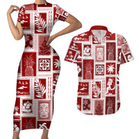 Hawaii Christmas Retro Patchwork Couples Matching Short Sleeve Bodycon Dress and Hawaiian Shirt Red LT7 - Wonder Print Shop