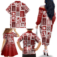 Hawaii Christmas Retro Patchwork Family Matching Off Shoulder Long Sleeve Dress and Hawaiian Shirt Red - Wonder Print Shop