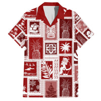 Red patchwork Hawaiian shirt with button-front and short sleeves, festive holiday square print