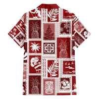 Red patchwork Hawaiian shirt with camp collar and short sleeves, holiday novelty square print