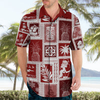 Red patchwork Hawaiian shirt on model, camp collar and short sleeves, festive square print