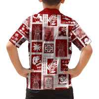 Red patchwork Hawaiian shirt back view, short sleeves, holiday square patch print