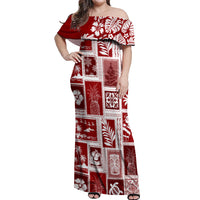 Hawaii Christmas Retro Patchwork Off Shoulder Maxi Dress Red - Wonder Print Shop