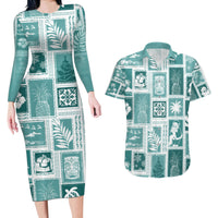 Hawaii Christmas Retro Patchwork Couples Matching Long Sleeve Bodycon Dress and Hawaiian Shirt Teal LT7 - Wonder Print Shop