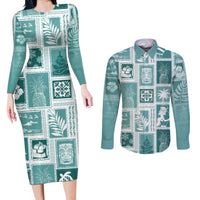 Hawaii Christmas Retro Patchwork Couples Matching Long Sleeve Bodycon Dress and Long Sleeve Button Shirt Teal LT7 - Wonder Print Shop
