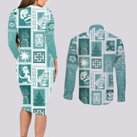 Hawaii Christmas Retro Patchwork Couples Matching Long Sleeve Bodycon Dress and Long Sleeve Button Shirt Teal LT7 - Wonder Print Shop