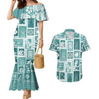Hawaii Christmas Retro Patchwork Couples Matching Mermaid Dress and Hawaiian Shirt Teal LT7 - Wonder Print Shop