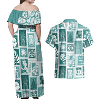Hawaii Christmas Retro Patchwork Couples Matching Off Shoulder Maxi Dress and Hawaiian Shirt Teal LT7 - Wonder Print Shop