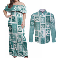 Hawaii Christmas Retro Patchwork Couples Matching Off Shoulder Maxi Dress and Long Sleeve Button Shirt Teal LT7 - Wonder Print Shop