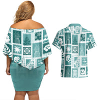 Hawaii Christmas Retro Patchwork Couples Matching Off Shoulder Short Dress and Hawaiian Shirt Teal LT7 - Wonder Print Shop