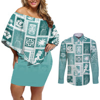 Hawaii Christmas Retro Patchwork Couples Matching Off Shoulder Short Dress and Long Sleeve Button Shirt Teal LT7 - Wonder Print Shop