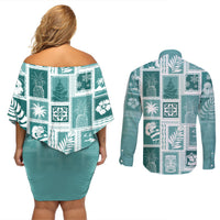 Hawaii Christmas Retro Patchwork Couples Matching Off Shoulder Short Dress and Long Sleeve Button Shirt Teal LT7 - Wonder Print Shop