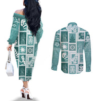 hawaii-christmas-retro-patchwork-couples-matching-off-the-shoulder-long-sleeve-dress-and-long-sleeve-button-shirt-teal