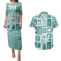 Hawaii Christmas Retro Patchwork Couples Matching Puletasi Dress and Hawaiian Shirt Teal LT7 - Wonder Print Shop