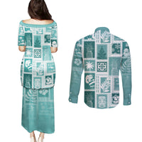 Hawaii Christmas Retro Patchwork Couples Matching Puletasi Dress and Long Sleeve Button Shirt Teal LT7 - Wonder Print Shop