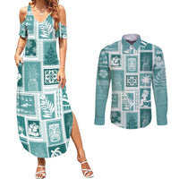 Hawaii Christmas Retro Patchwork Couples Matching Summer Maxi Dress and Long Sleeve Button Shirt Teal LT7 - Wonder Print Shop