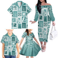 Hawaii Christmas Retro Patchwork Family Matching Off Shoulder Long Sleeve Dress and Hawaiian Shirt Teal - Wonder Print Shop