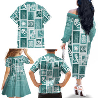 Hawaii Christmas Retro Patchwork Family Matching Off Shoulder Long Sleeve Dress and Hawaiian Shirt Teal - Wonder Print Shop
