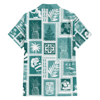 Teal patchwork Hawaiian shirt, back view, white panel graphics, short sleeves