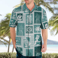 Teal Hawaiian shirt with white patchwork squares and tropical icons, short sleeves, collar