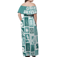 Hawaii Christmas Retro Patchwork Off Shoulder Maxi Dress Teal - Wonder Print Shop