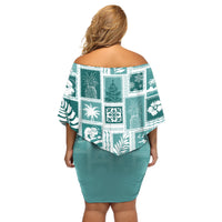 Hawaii Christmas Retro Patchwork Off Shoulder Short Dress Teal - Wonder Print Shop