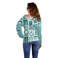 Hawaii Christmas Retro Patchwork Off Shoulder Sweater Teal - Wonder Print Shop