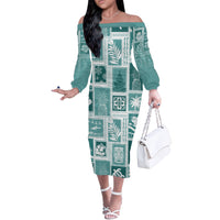 Hawaii Christmas Retro Patchwork Off The Shoulder Long Sleeve Dress Teal - Wonder Print Shop