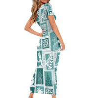 Hawaii Christmas Retro Patchwork Short Sleeve Bodycon Dress Teal - Wonder Print Shop