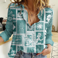 Hawaii Christmas Retro Patchwork Women Casual Shirt Teal - Wonder Print Shop