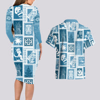 Hawaii Christmas Retro Patchwork Couples Matching Long Sleeve Bodycon Dress and Hawaiian Shirt Aquamarine LT7 - Wonder Print Shop