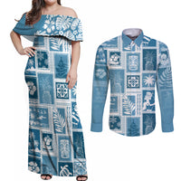 Hawaii Christmas Retro Patchwork Couples Matching Off Shoulder Maxi Dress and Long Sleeve Button Shirt Aquamarine LT7 - Wonder Print Shop