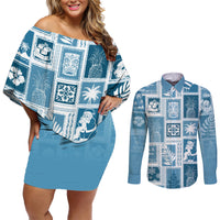Hawaii Christmas Retro Patchwork Couples Matching Off Shoulder Short Dress and Long Sleeve Button Shirt Aquamarine LT7 - Wonder Print Shop