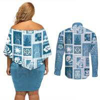 Hawaii Christmas Retro Patchwork Couples Matching Off Shoulder Short Dress and Long Sleeve Button Shirt Aquamarine LT7 - Wonder Print Shop