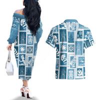 Hawaii Christmas Retro Patchwork Couples Matching Off The Shoulder Long Sleeve Dress and Hawaiian Shirt Aquamarine LT7 - Wonder Print Shop
