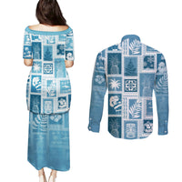 Hawaii Christmas Retro Patchwork Couples Matching Puletasi Dress and Long Sleeve Button Shirt Aquamarine LT7 - Wonder Print Shop
