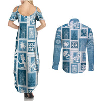 Hawaii Christmas Retro Patchwork Couples Matching Summer Maxi Dress and Long Sleeve Button Shirt Aquamarine LT7 - Wonder Print Shop