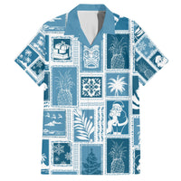 Aquamarine patchwork Hawaiian shirt, short-sleeve button-up with tropical graphic blocks