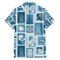 Aquamarine patchwork Hawaiian shirt back, short-sleeve button-up with tropical graphic blocks