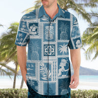 Aquamarine patchwork Hawaiian shirt front, short-sleeve button-up with tropical icons
