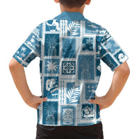 Kids' aquamarine patchwork Hawaiian shirt back, short-sleeve button-up with tropical icons