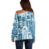Hawaii Christmas Retro Patchwork Off Shoulder Sweater Aquamarine - Wonder Print Shop