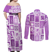 Hawaii Christmas Retro Patchwork Couples Matching Off Shoulder Maxi Dress and Long Sleeve Button Shirt Violet LT7 - Wonder Print Shop