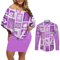 Hawaii Christmas Retro Patchwork Couples Matching Off Shoulder Short Dress and Long Sleeve Button Shirt Violet LT7 - Wonder Print Shop