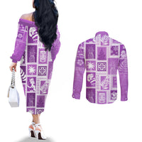 hawaii-christmas-retro-patchwork-couples-matching-off-the-shoulder-long-sleeve-dress-and-long-sleeve-button-shirt-violet