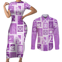Hawaii Christmas Retro Patchwork Couples Matching Short Sleeve Bodycon Dress and Long Sleeve Button Shirt Violet LT7 - Wonder Print Shop