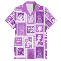 Violet patchwork Hawaiian shirt with holiday icons and tropical blocks, short sleeves