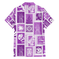 Violet patchwork Hawaiian shirt, back view with gift, palm, and tiki motifs in blocks