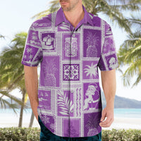 Violet patchwork Hawaiian shirt with holiday and tropical graphic squares, button-up collar